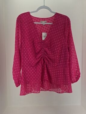 Cato Hot Pink Polka Dot Ruched V-Neck Blouse